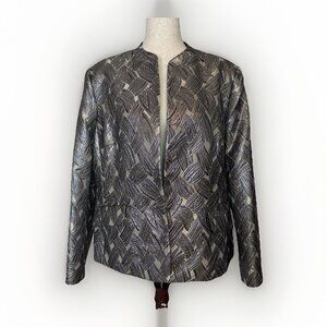 Kasper Blazer Jacket 18 Metallic Jacquard Silver Gold Long Sleeve Open Front
